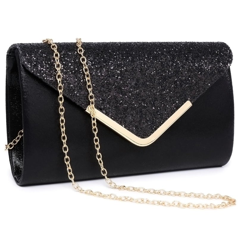 Dasein Women Evening Bags Formal Clutch Purses for Wedding Party Prom Handbags with Shoulder Strap and Glitter Flap (Black) - Image 1